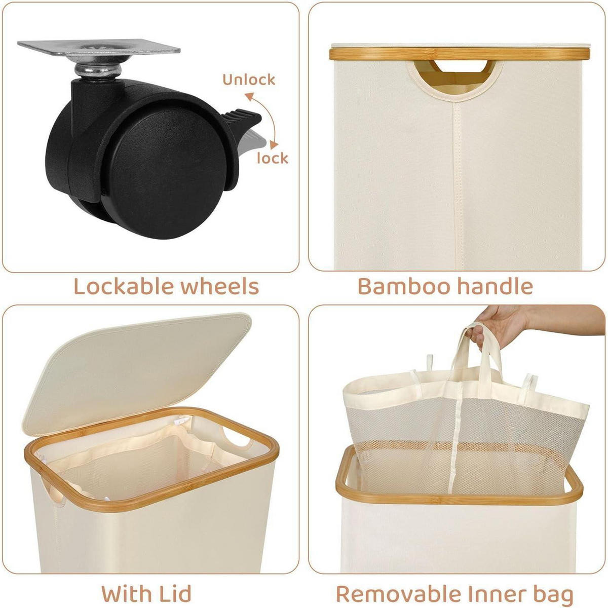 WÄSCHEKORB mit Deckel und Rollen 110L Beige - Creme, Textil (33/79/44cm)