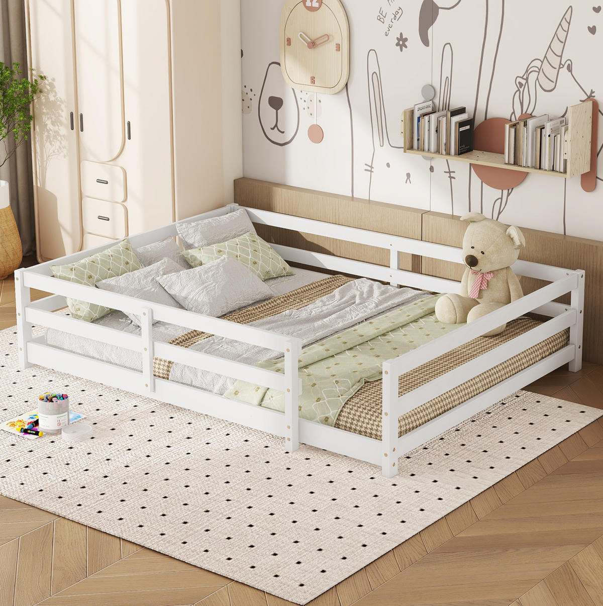 KINDERBETT 140/200 cm weiß aus Kiefernholz mit 4-seitigem Gitter - Weiß, Holzwerkstoff (140/200cm) - OKWISH