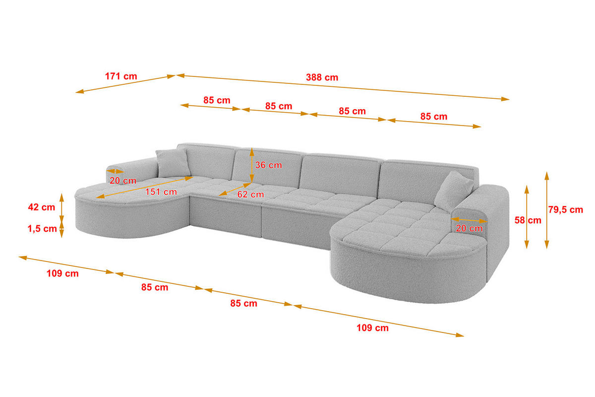 WOHNLANDSCHAFT TARO-U2 - 388x171x79,5 cm Hellgrau - Hellgrau, Holzwerkstoff/Textil (388/79.5/171cm) - ALTDECOR