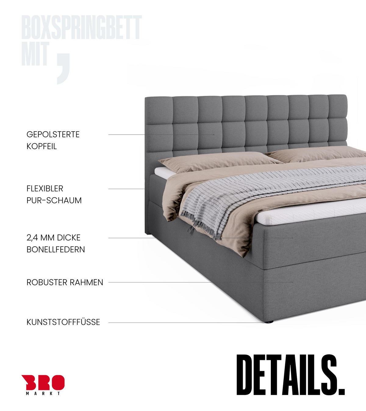BOXBETT Dakota mit Topper 180/200 Hellgrau - Hellgrau, Textil (180/200cm) - Bromarkt