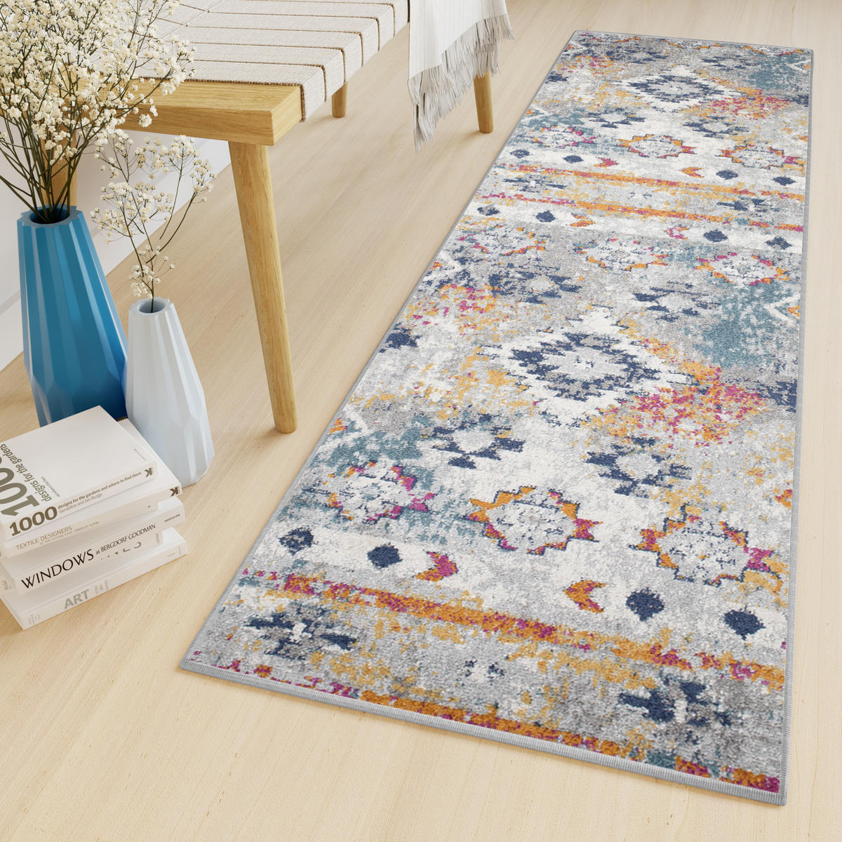 TEPPICHLÄUFER LAZUR Weiß Dunkelblau 70/100 cm - Dunkelblau, Textil (70/100cm) - Tapiso