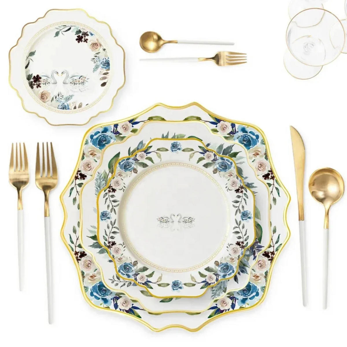 TELLERSET Blumengeschirr Bone China Weiß Gold 4tlg Ø30 Ø27 Ø20 Ø16 c - Roségold/Goldfarben, Keramik (30/2/2cm) - Quality Elegance