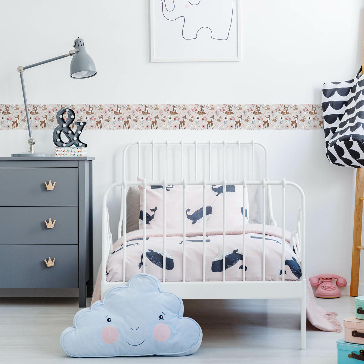 TAPETENBORDÜRE selbstklebend für Kinder REH Hirschkalb Tiere Blumen - Beige/Schwarz, Papier (10/300/300cm) - Muralo