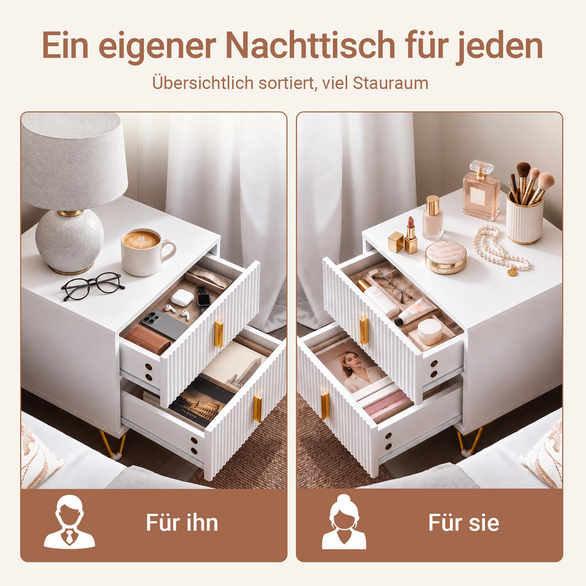 NACHTTISCH 2er Set, Beistelltisch mit 2 Schubladen, Weiß 40x47x40cm, Rillenfront und Metallbeine, modern, Schlafzimmer & Wohnzimmer - Weiß, Holzwerkstoff (40/47/40cm) - SoBuy