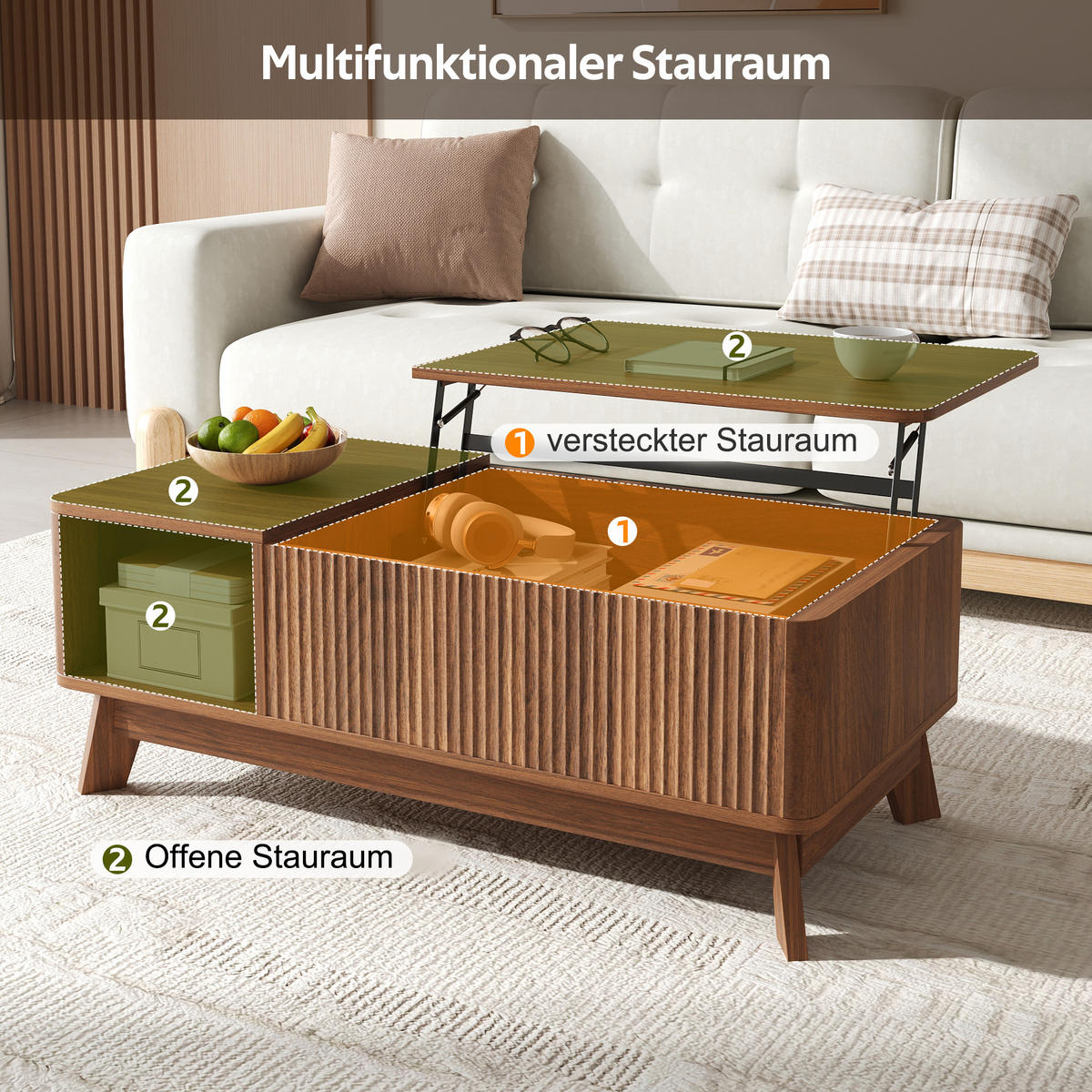 COUCHTISCH holzoptik & 3d-wellen-design mit lift-funktion & verstecktem stauraum - Walnussfarben, Holzwerkstoff (48/95/50cm) - Urban Meuble
