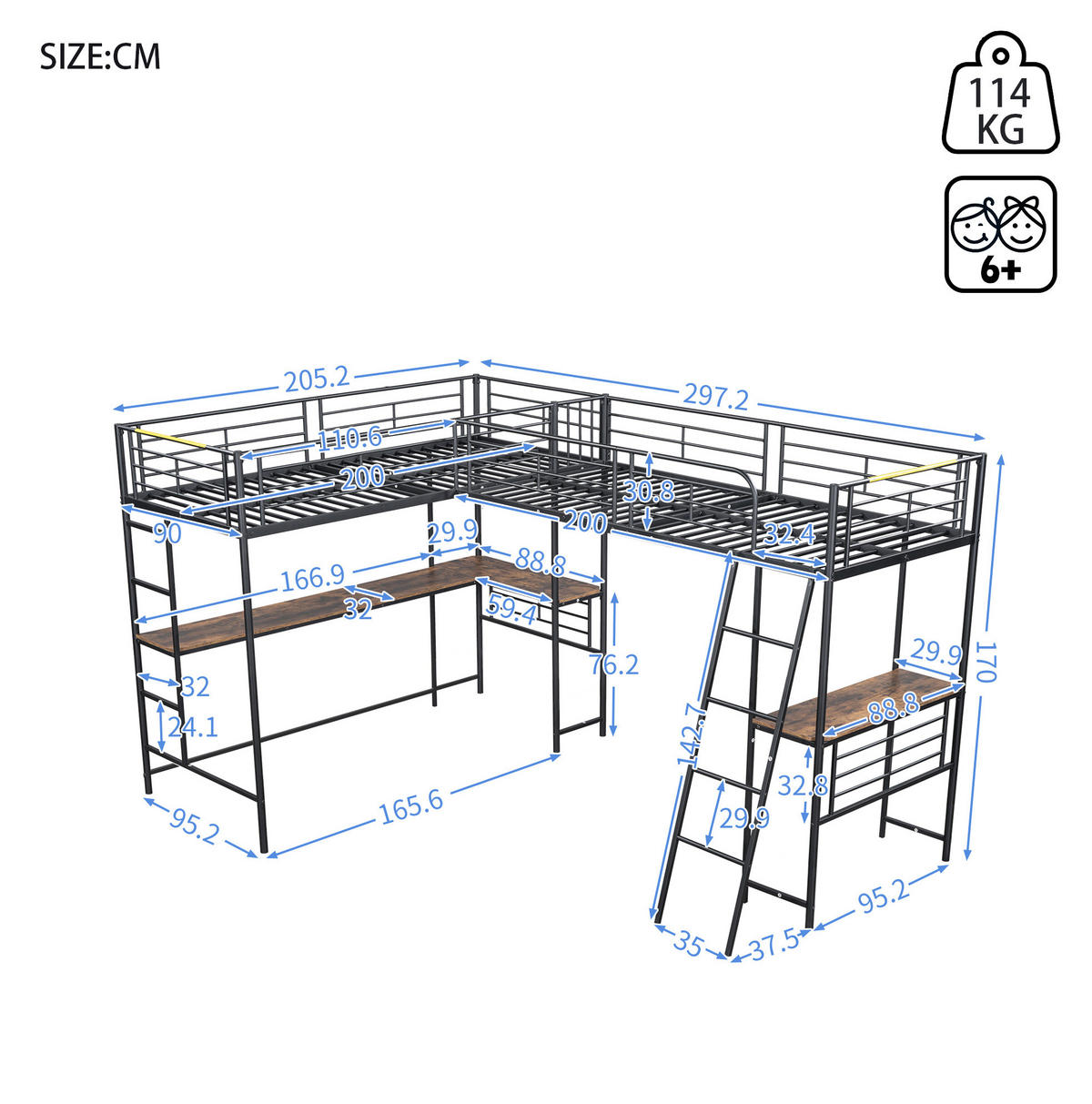HOCHBETT 90/200 cm in Schwarz – mit Schreibtisch, hohem Rausfallschutz und Treppe - Schwarz, Metall (90/200cm) - BEAOK