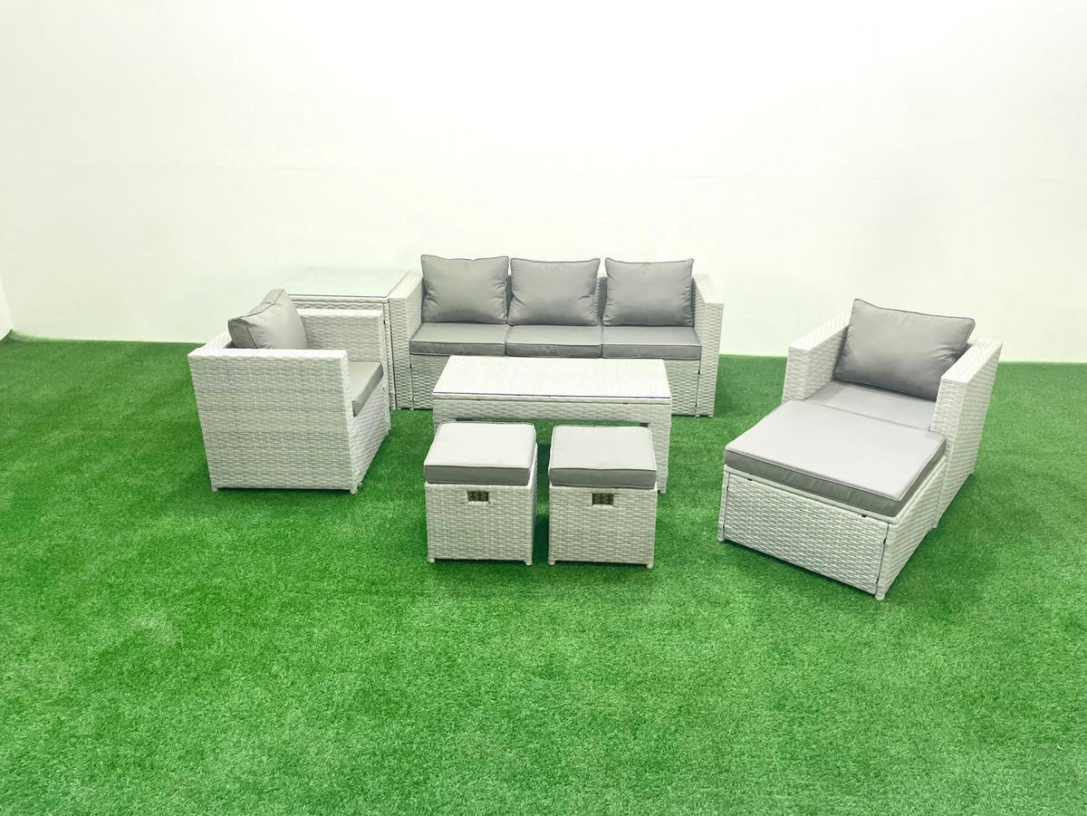 GARTENSET mit 3-SITZER SOFA,COUCHTISCH Polyrattan Hellgrau-Mix 8-Sitzer - Hellgrau/Grau, Glas/Kunststoff - Fimous