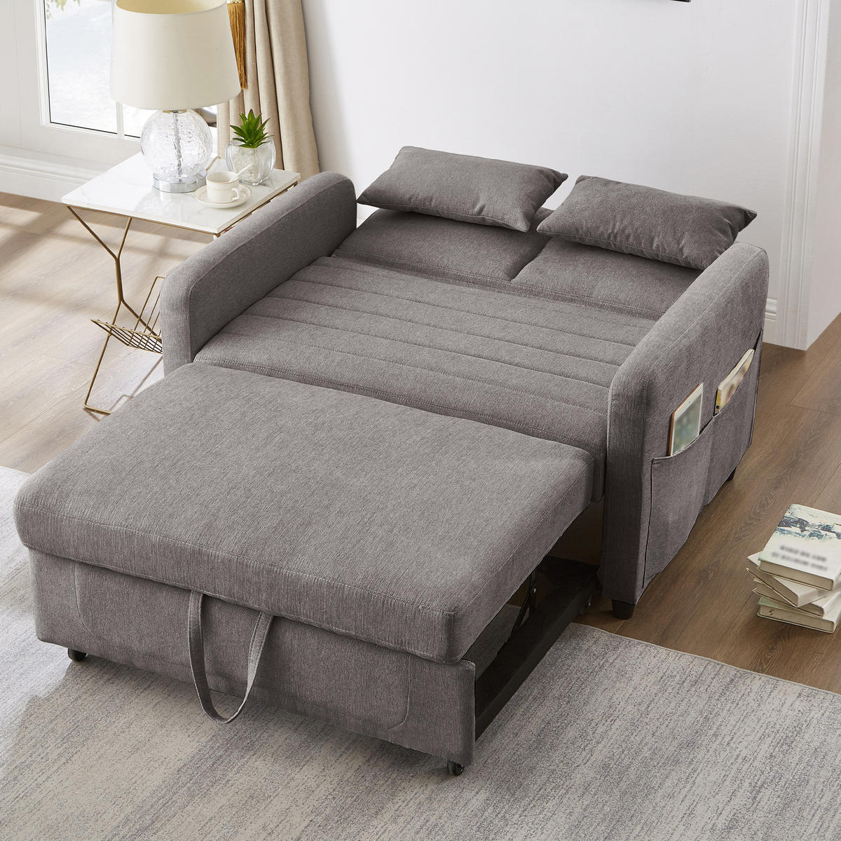 SOFA Zweisitzer mit Schlaffunktion ausziehbar Grau Baumwoll-Leinen 210/90/45 cm - Grau, Kunststoff (114/82.5/77cm) - OKWISH
