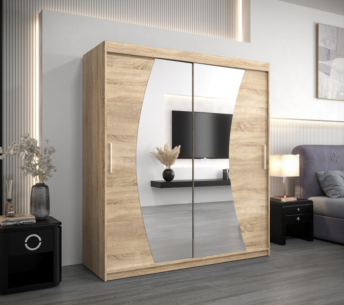 SCHWEBETÜRENSCHRANK 200/180/62 2-türig - Silberfarben/Sonoma Eiche, Holz/Kunststoff (180/200/62cm) - Abiks Möbel