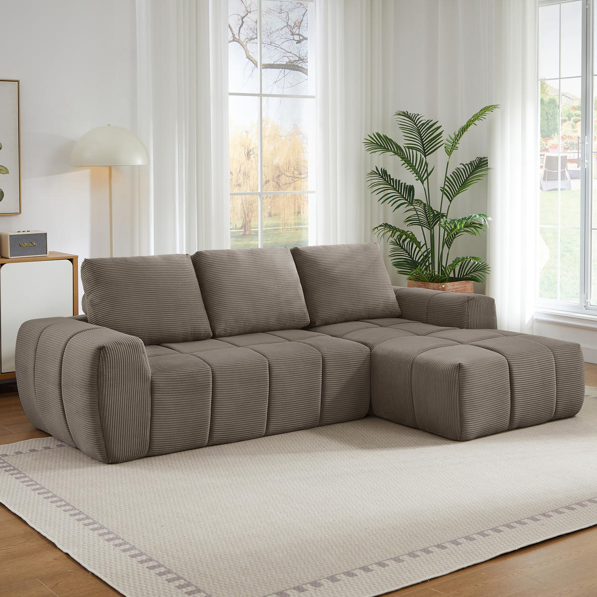 ECKSOFA Cord Taupe mit Kissen - Taupe, Textil (255/162cm) - WISHDOR