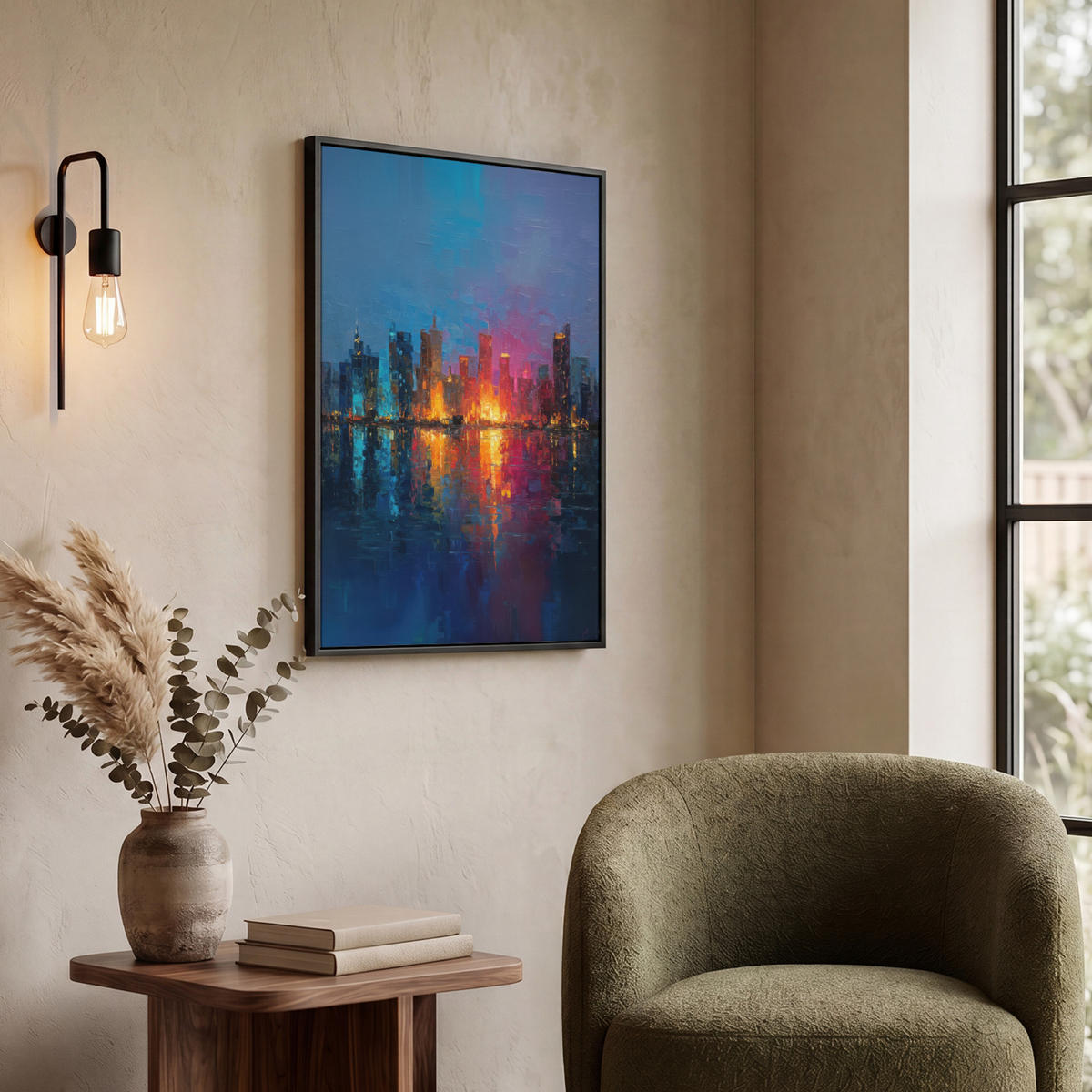 LEINWAND Bilder mit Rahmen - Skyline - Pinselstriche - Dunkelblau - Leuchtend - 50x70 - Blau, Textil (50/70cm) - MuchoWow