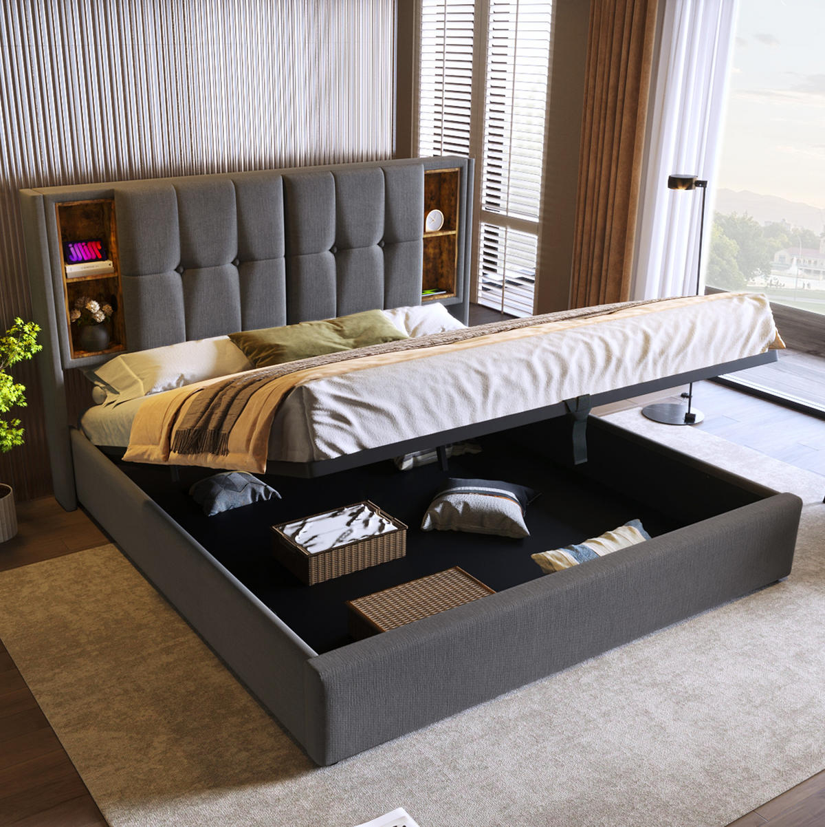BETT mit Bettkasten & Ladefunktion 180x200 cm Baumwolle Grau - Grau, Metall (180/200cm) - Meubliv