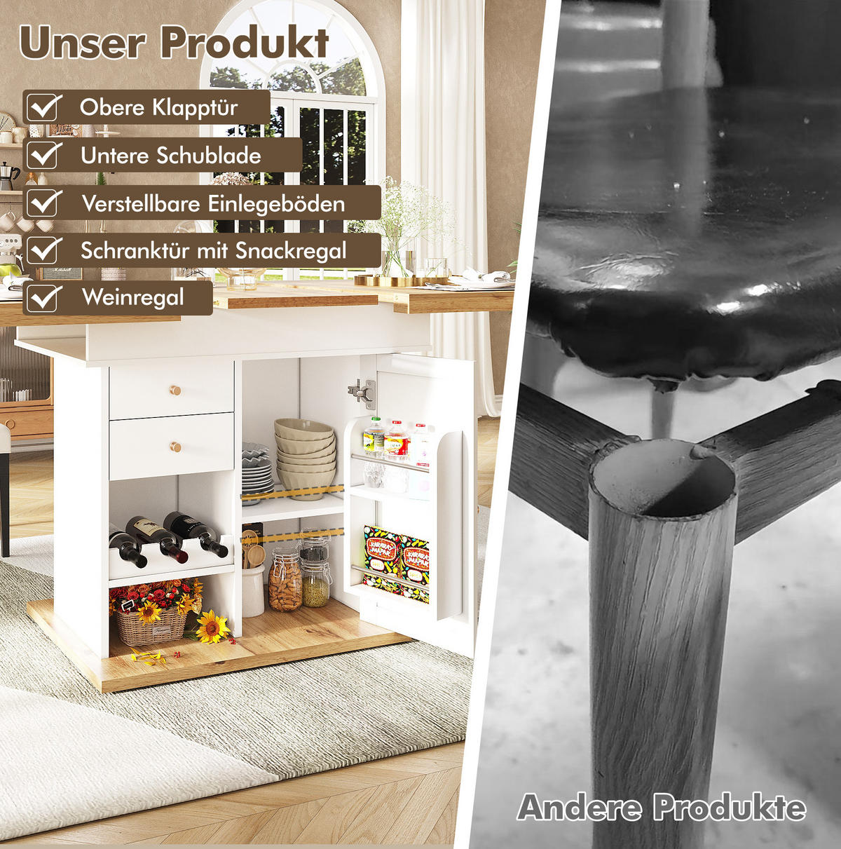 JEDÁLENSKÝ stôl 110/140/80 cm biela prírodná, rozkladací s úložným priestorom - prírodná farba, kompozitné drevo (140/80/75cm) - BEAOK