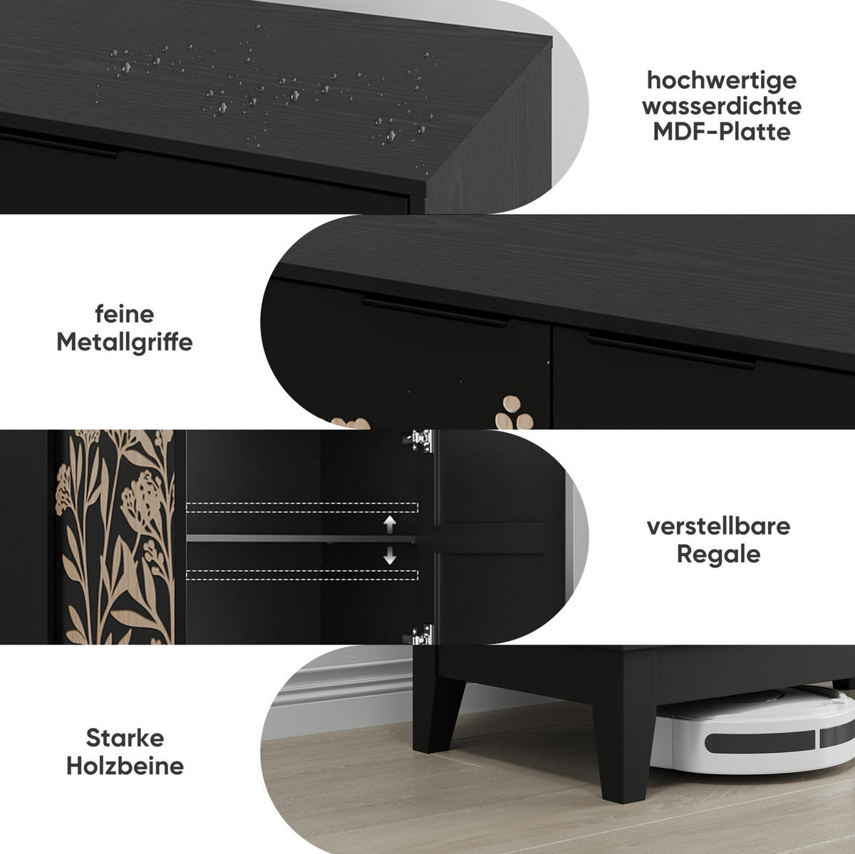 SIDEBOARD aus MDF Schwarz 80x38x76 cm mit floraler Schnitzerei, 2 Türen und verstellbarem Einlegeboden - Schwarz, Holzwerkstoff (80/76/38cm) - Modfu