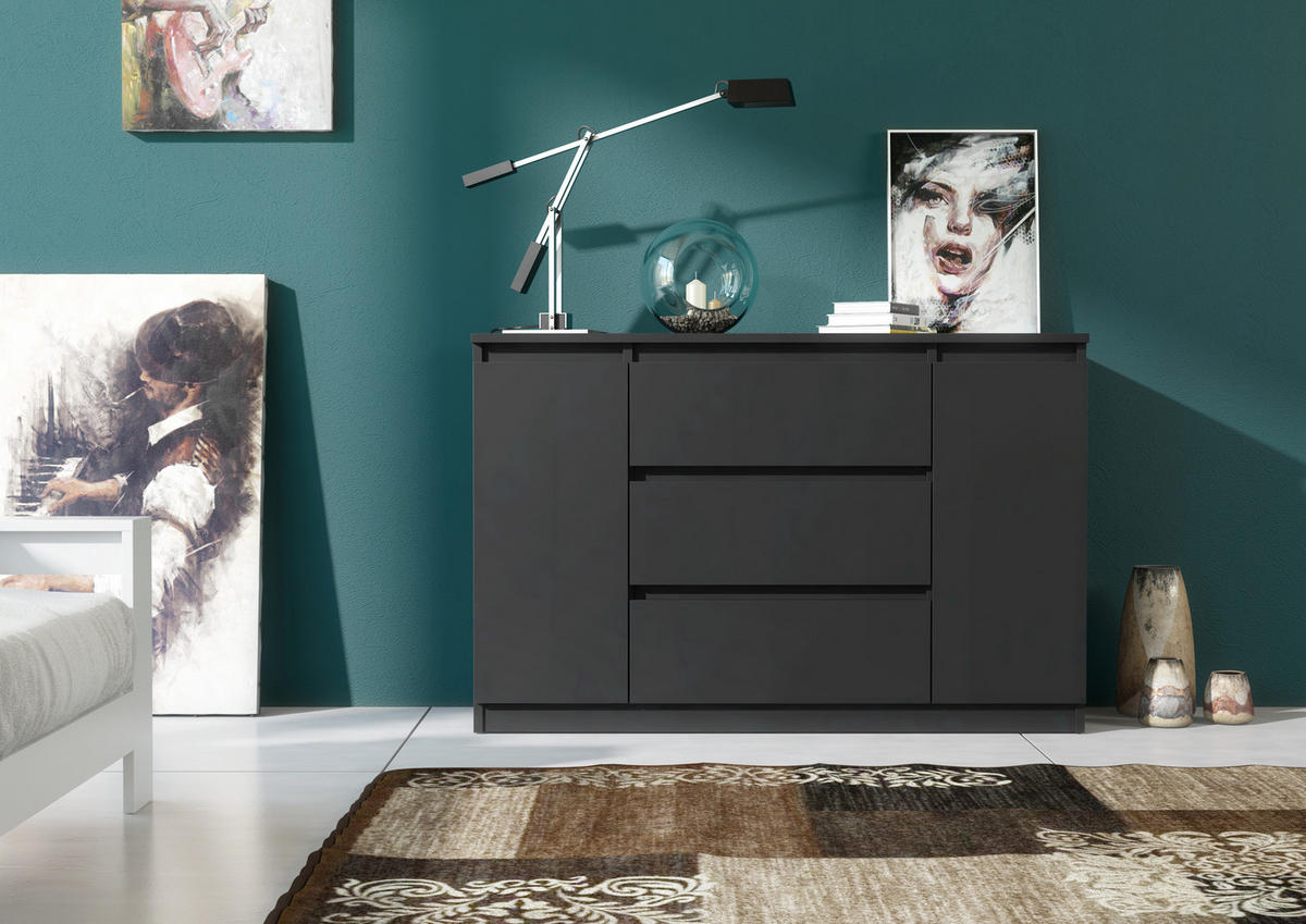 KOMMODE NUDO 138,5/78,2/39cm mit 3 Schubladen 2 Türen Schwarz - Schwarz, Holzwerkstoff (138.5/78.2/39cm) - MASSENO