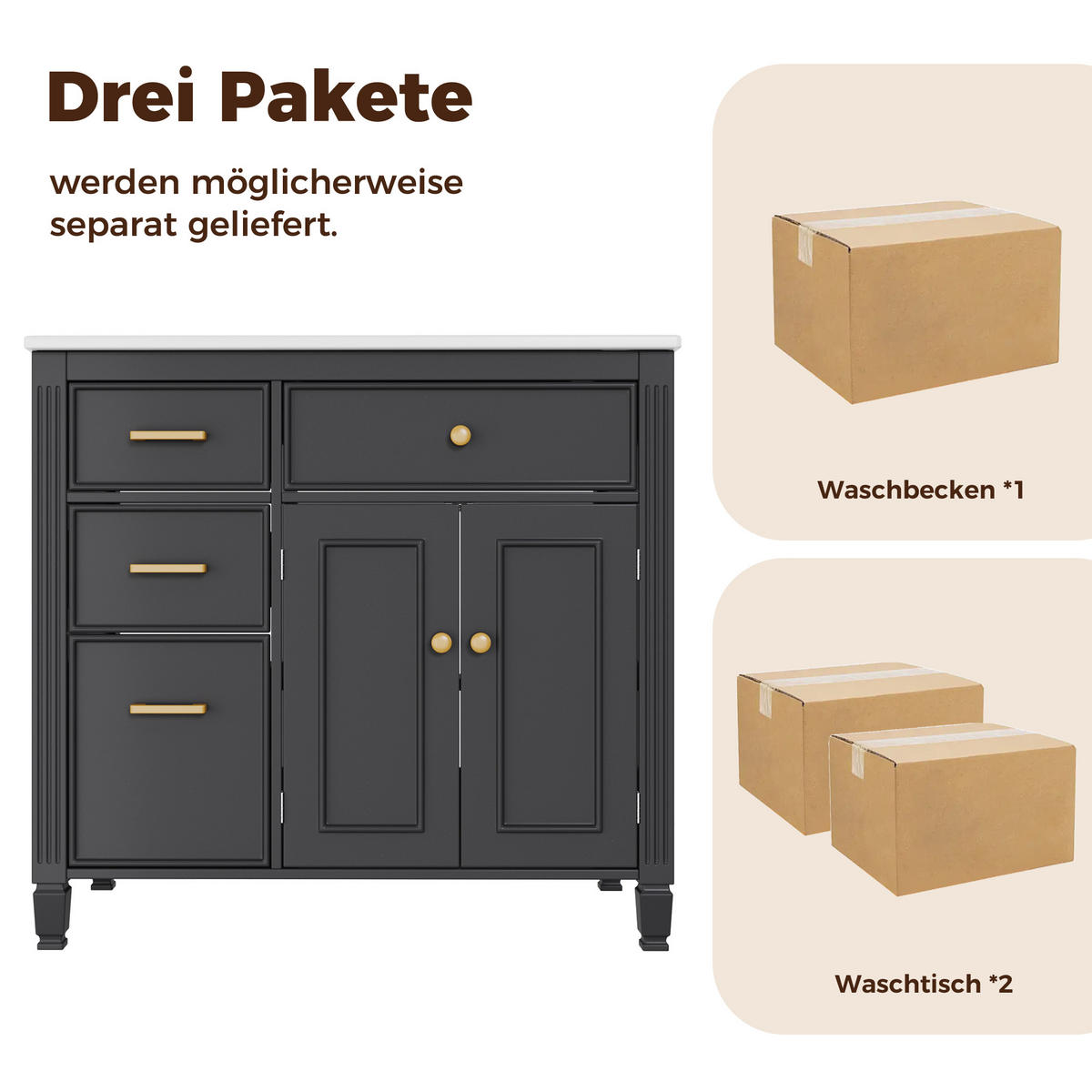 WASCHTISCHKOMBI 91.5/46.5/87 cm Schwarz mit 2 Schubladen, ohne Wasserhahn - Schwarz, Holz/Holzwerkstoff (46.5/87/91cm) - Oxeza
