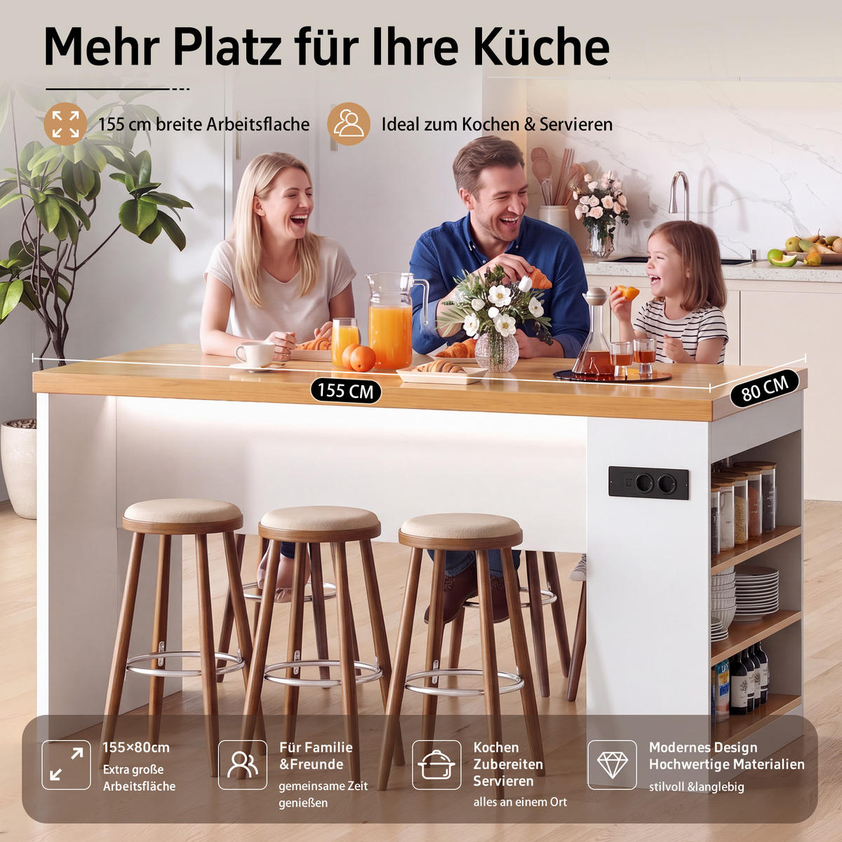 KUCHYŇSKÝ OSTRŮVEK v bílé barvě s LED osvětlením a zásuvkou do kuchyně a jídelny, 155×80×90 cm - bílá/přírodní, kompozitní dřevo (155/90/80cm) - STILVORA