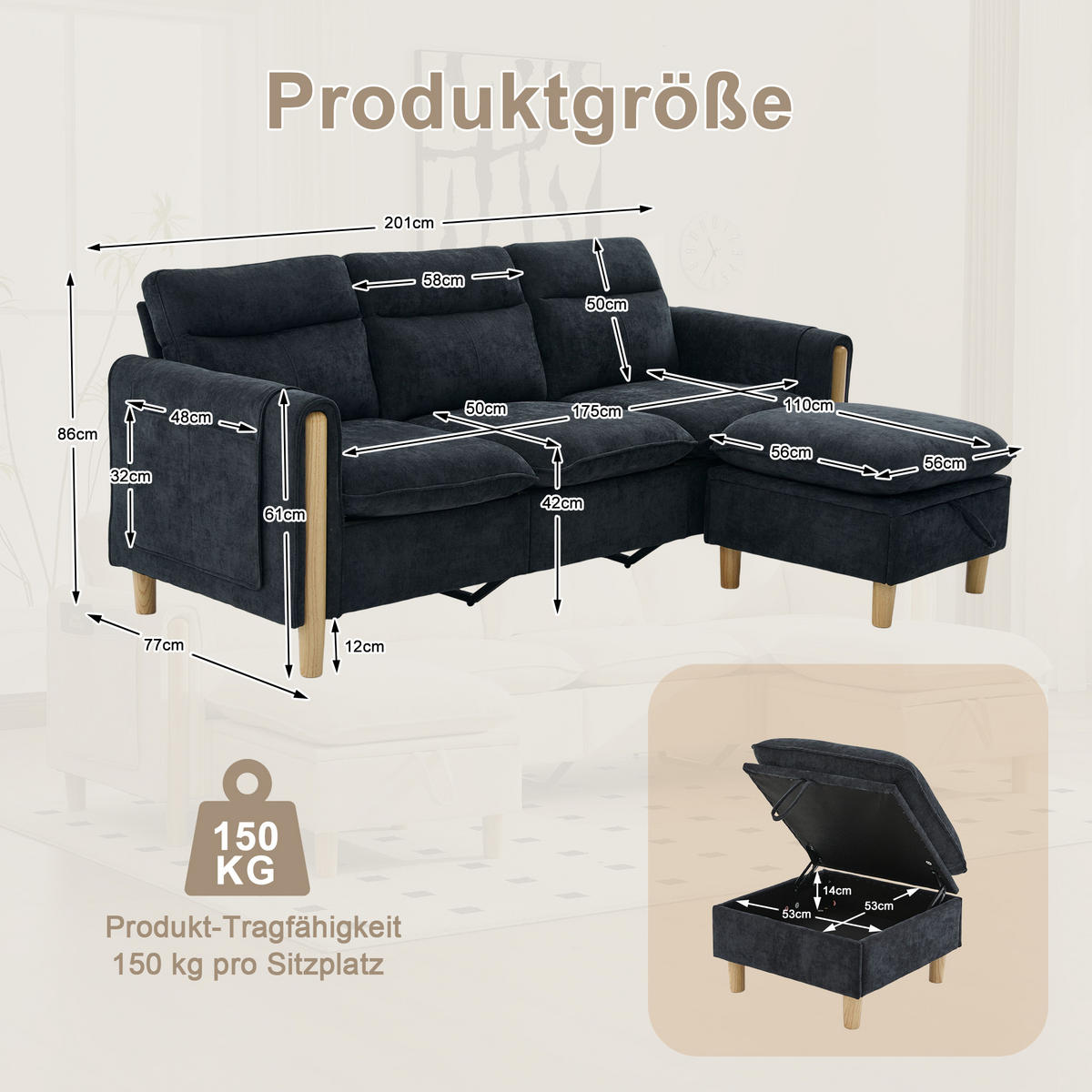 ECKSOFA DE-33940 mit Stauraumhocker und Seitentaschen Schwarz - Schwarz, Holz (77/201cm) - ComfortXL