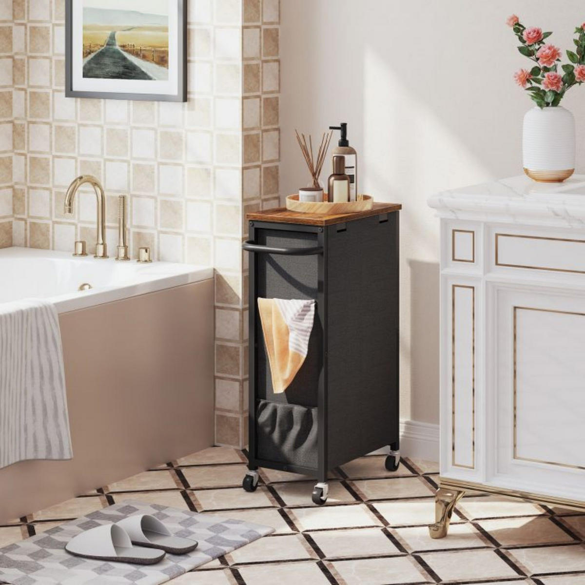 WÄSCHESORTIERER braun Platzsparender Wäschekorb - Greige/Schwarz, Holzwerkstoff (24/74/40cm) - Hoobro