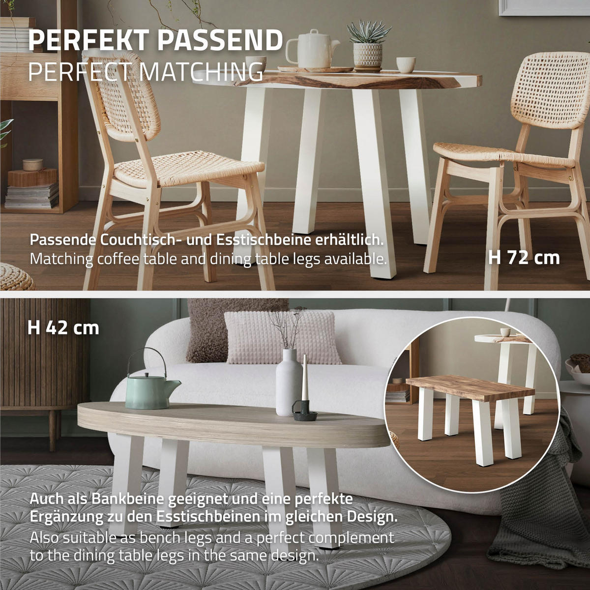 TISCHBEINE 4er Set I-96GRAD-Design H:30 cm Weiß 8x8 cm - Weiß, Metall (8/30/8cm) - ML-DESIGN