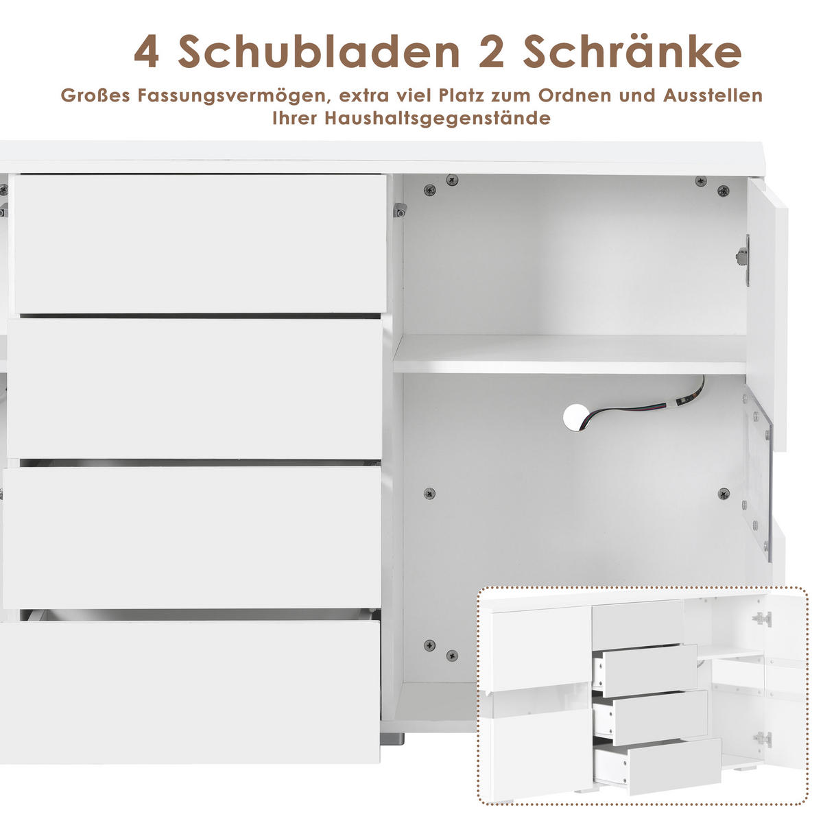 SIDEBOARD, LED, Hochglanz, Weiß - Weiß, Holzwerkstoff (35/72/145cm) - FLIEKS