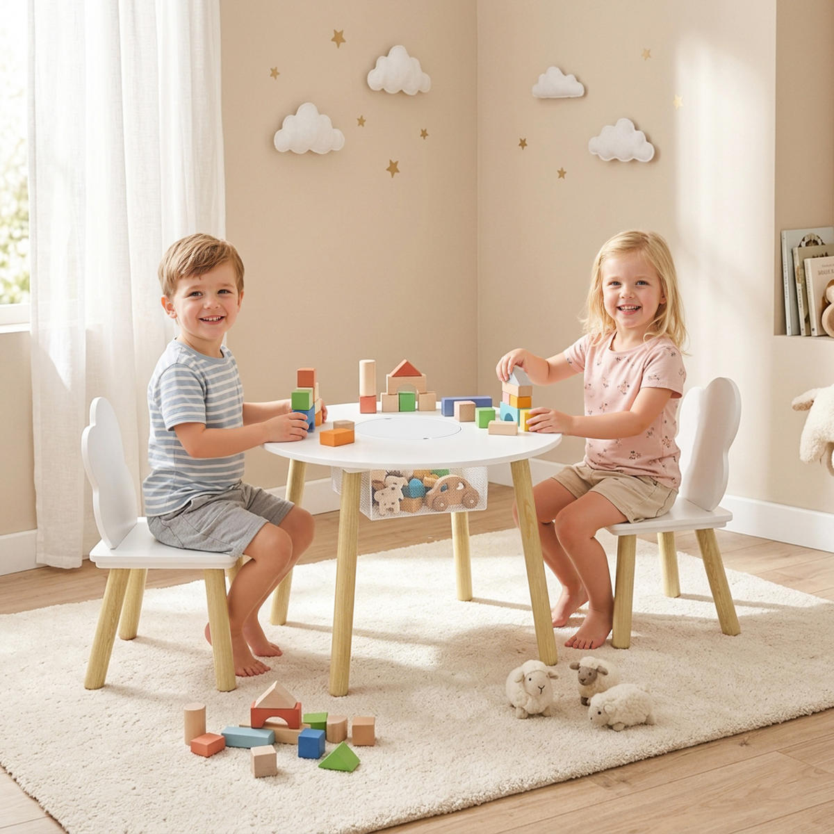 KINDERTISCH-UND-STUHLSET MDF Kiefernholz Weiß - Weiß/Kieferfarben, Holz (60/44/60cm) - AIYAPLAY