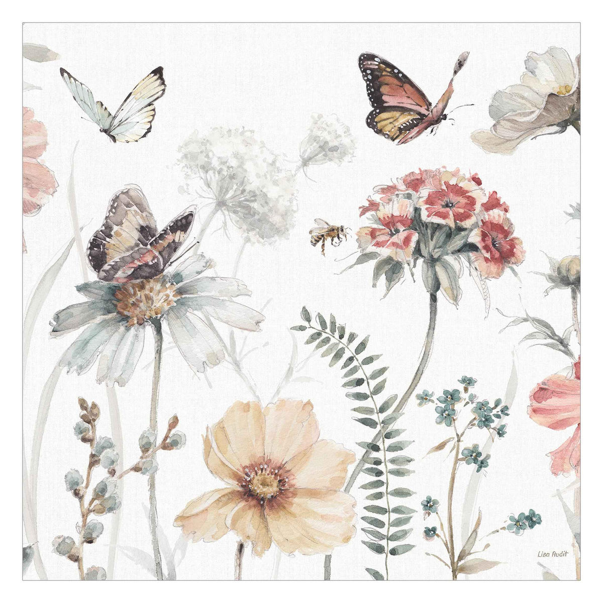 FOTOTAPETE Aquarell Blumenwiese mit Schmetterlingen 192/192 cm - Rosa, Papier (192/192cm) - Bilderwelten
