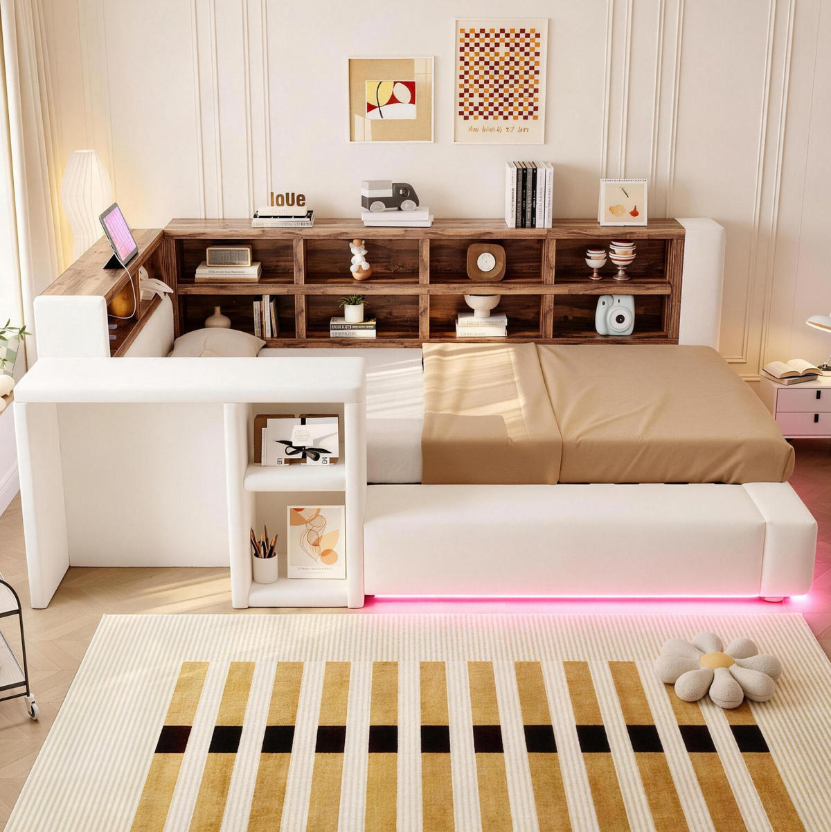 POLSTERBETT 90/200 cm aus Samtstoff mit LED-Beleuchtung und Steckdosen, Beige - Beige, Textil (90/200cm) - OKMYHOME