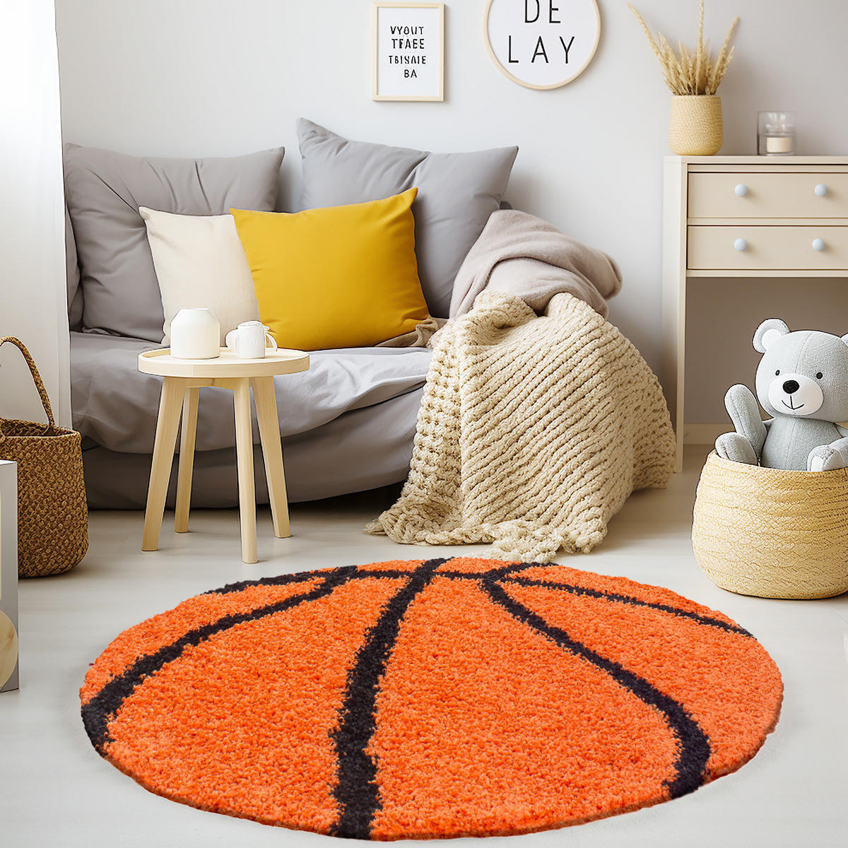 TEPPICH Kinder Hochflor Basketball Motiv Polypropylen Kinderzimmer Orange Rund 100x100 - Orange, Textil (100/100cm) - KADIMA DESIGN