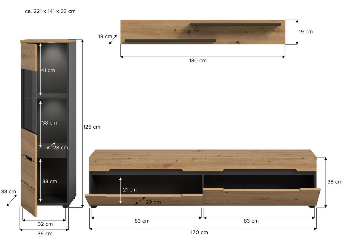WOHNWAND inkl Beleuchtung Nova 3 tlg. (B/H/T: ca. 221/141/33 cm) in Basalt grau/Artisan - Grau, Holzwerkstoff (221/141/33cm)