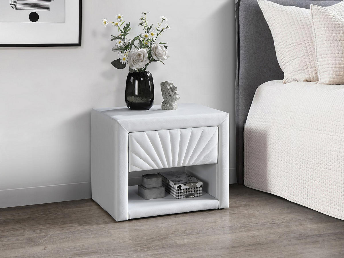 NACHTTISCH - 1 Schublade und 1 Ablage - Kunstleder - Weiß - ULAMI - Weiß Hochglanz, Leder (50/41/35cm) - Vente-Unique