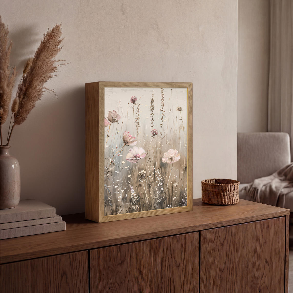 NÁSTĚNNÁ LAMPA S AKUMULÁTOREM Květiny - růžová - moderní - béžová 30x40 cm - starorůžová, kompozitní dřevo (30/40/8cm) - OnlyWow