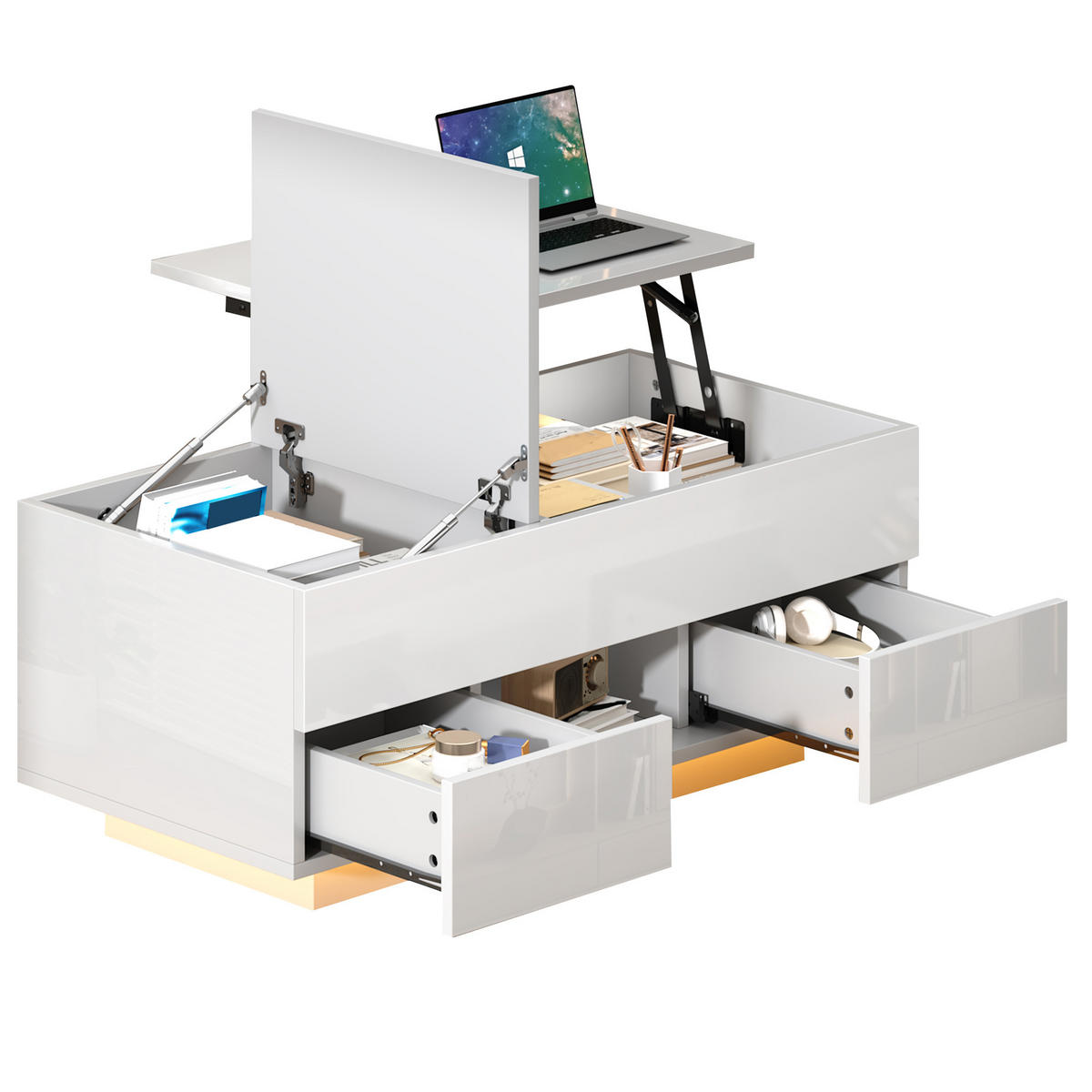 COUCHTISCH 100/45/43 cm Weiß aus Holzwerkstoff mit höhenverstellbarer Klappplatte LED und 2 Schubladen - Weiß, Holzwerkstoff (100/45/43cm) - OKWISH