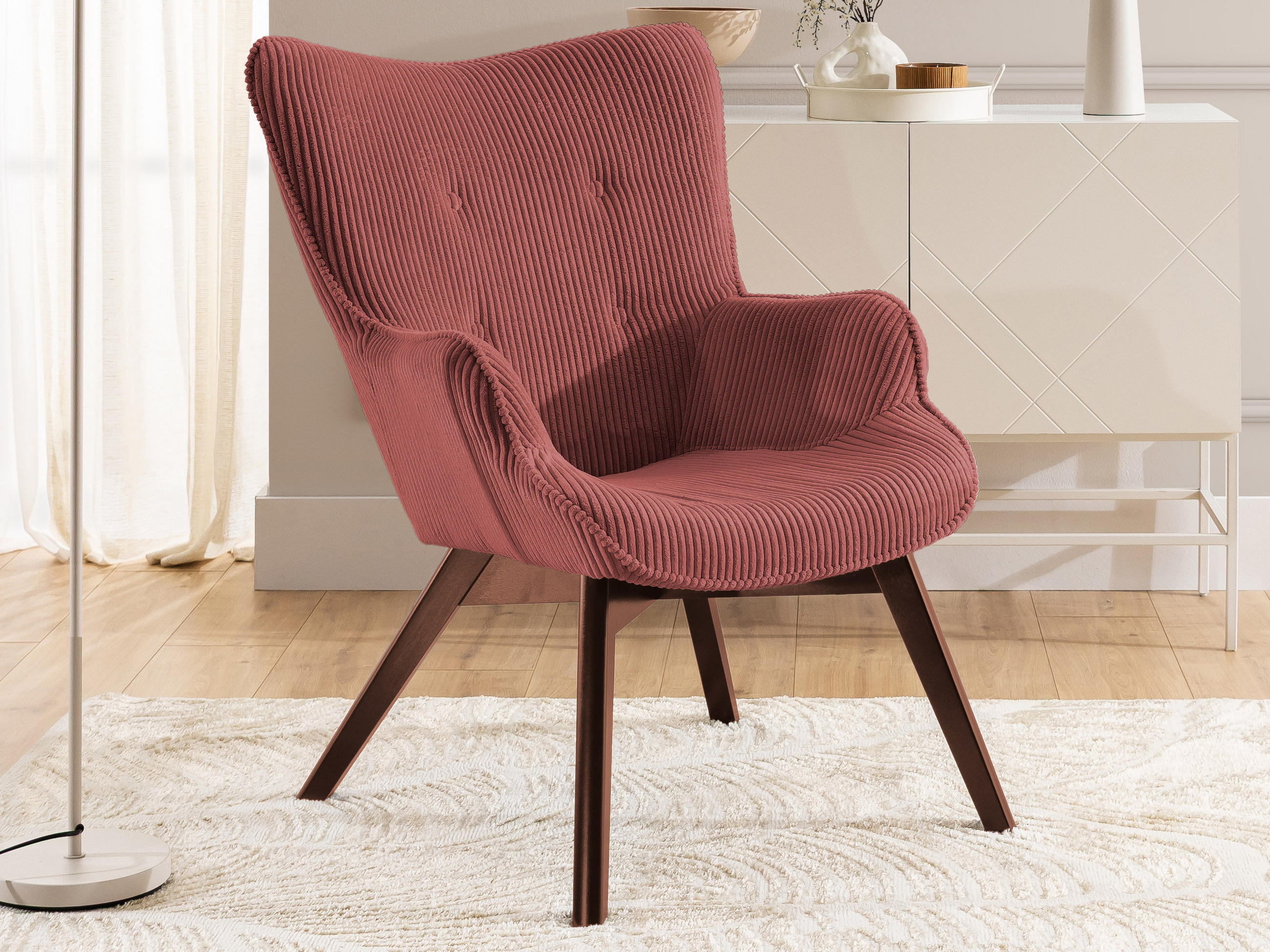LOUNGESESSEL Lenari Terrakotta Cordstoff mit Füßen in Braun - Terra cotta/Braun, Holz/Textil (71/96/86cm) - S-Style Möbel