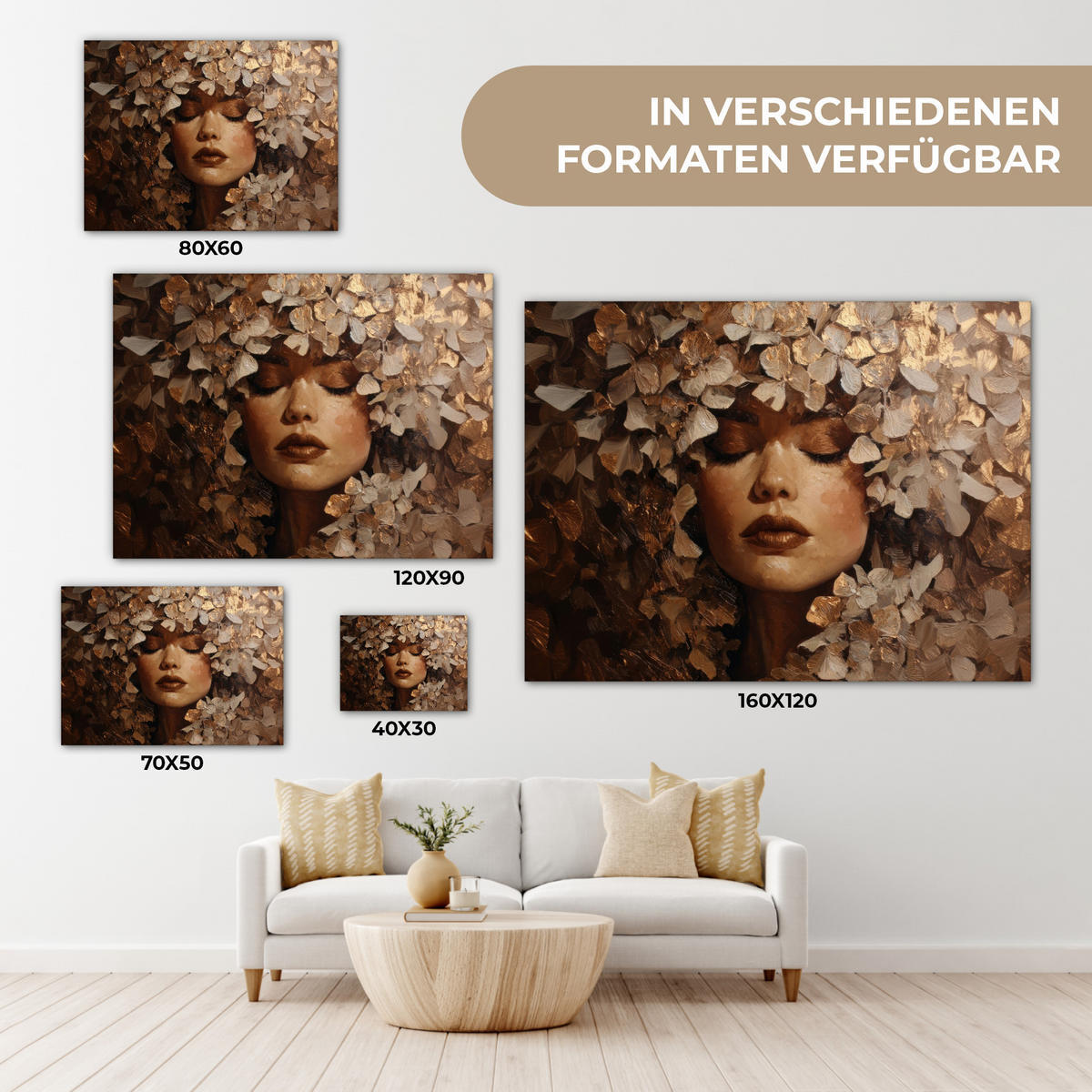 LEINWANDBILD Gesicht - Dame - Blätter - Pinselstriche Wandbilder 80x60 cm - Goldfarben, Textil (80/60cm) - MuchoWow