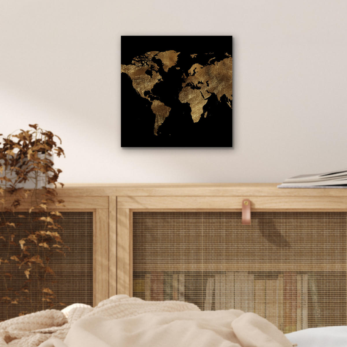 KOVOVÝ OBRAZ Mapa sveta - Zlato - Luxus - Zem - Čierna 20x20 cm - zlatá, kov (20/20cm) - MuchoWow