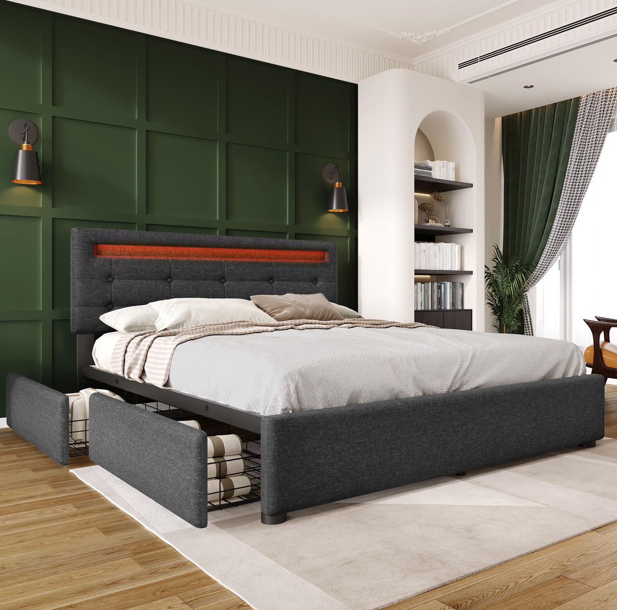 POLSTERBETT mit LED und 4 Schubladen 140x200 cm Leinen Grau inkl. Matratze - Grau, Metall (140/200cm) - Meubliv