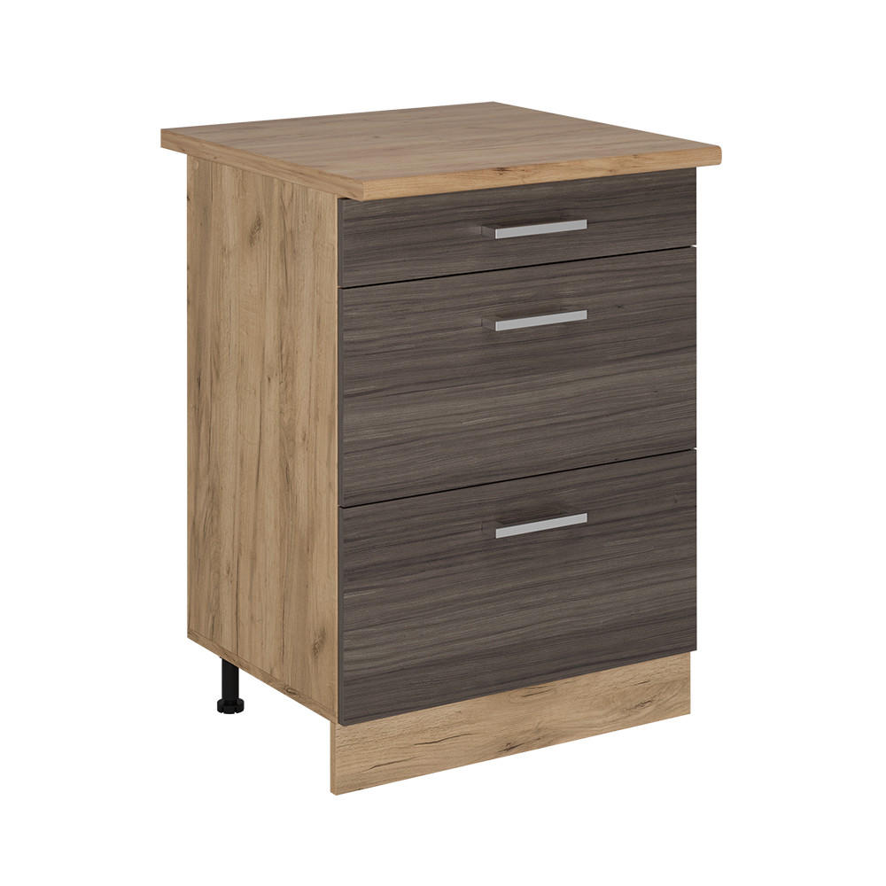 KÜCHENUNTERSCHRANK R-Line Edelgrau 60 cm mit Schubladen, AP Eiche - Honigeiche/Eiche Wotan, Holzwerkstoff (60/81.6/60cm) - Vicco
