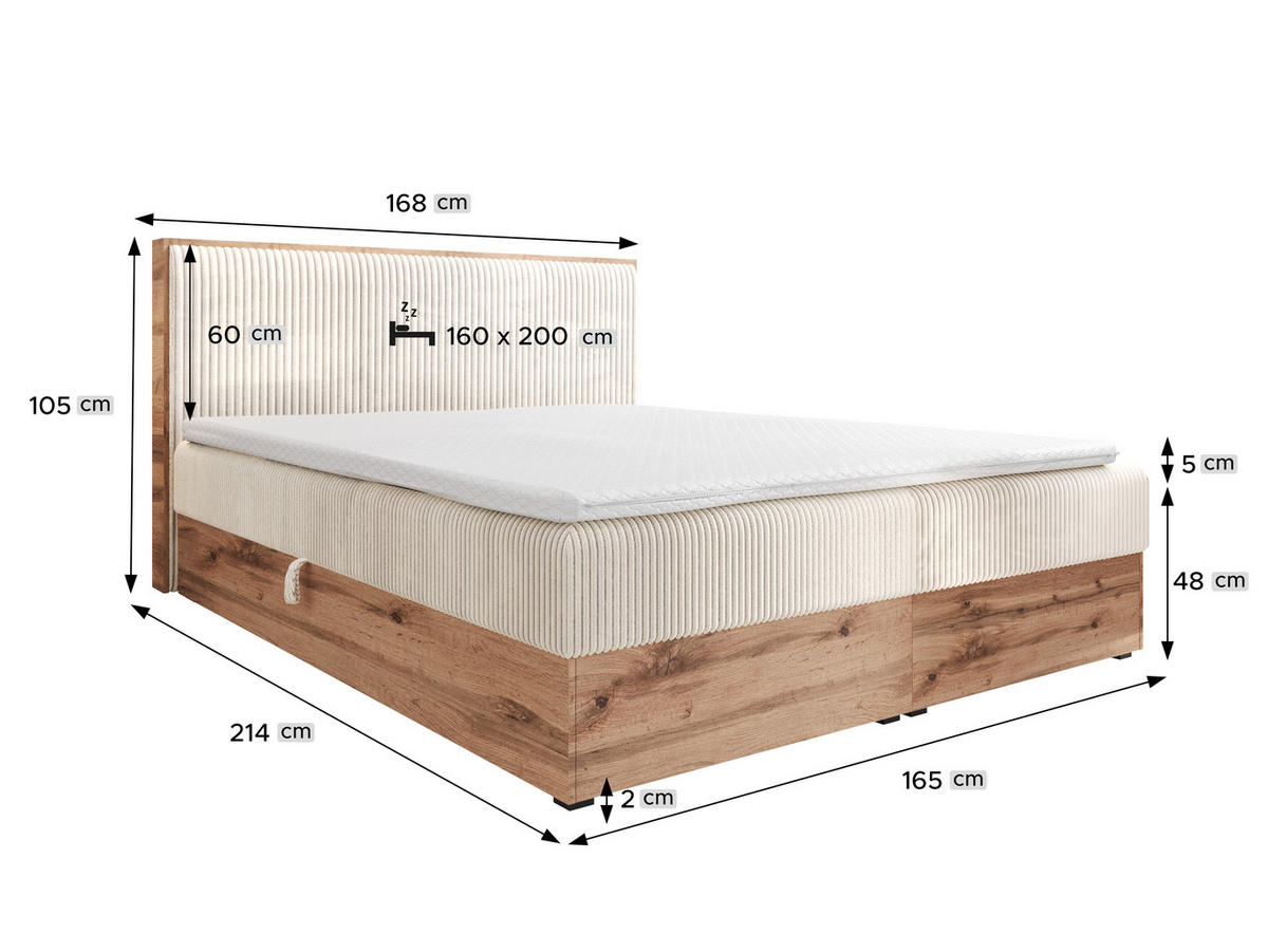BOXBETT TESSA 200x200 Dunkelgrau Cord - H3 - Dunkelgrau, Textil (120/200cm) - AN-Moebel 4u