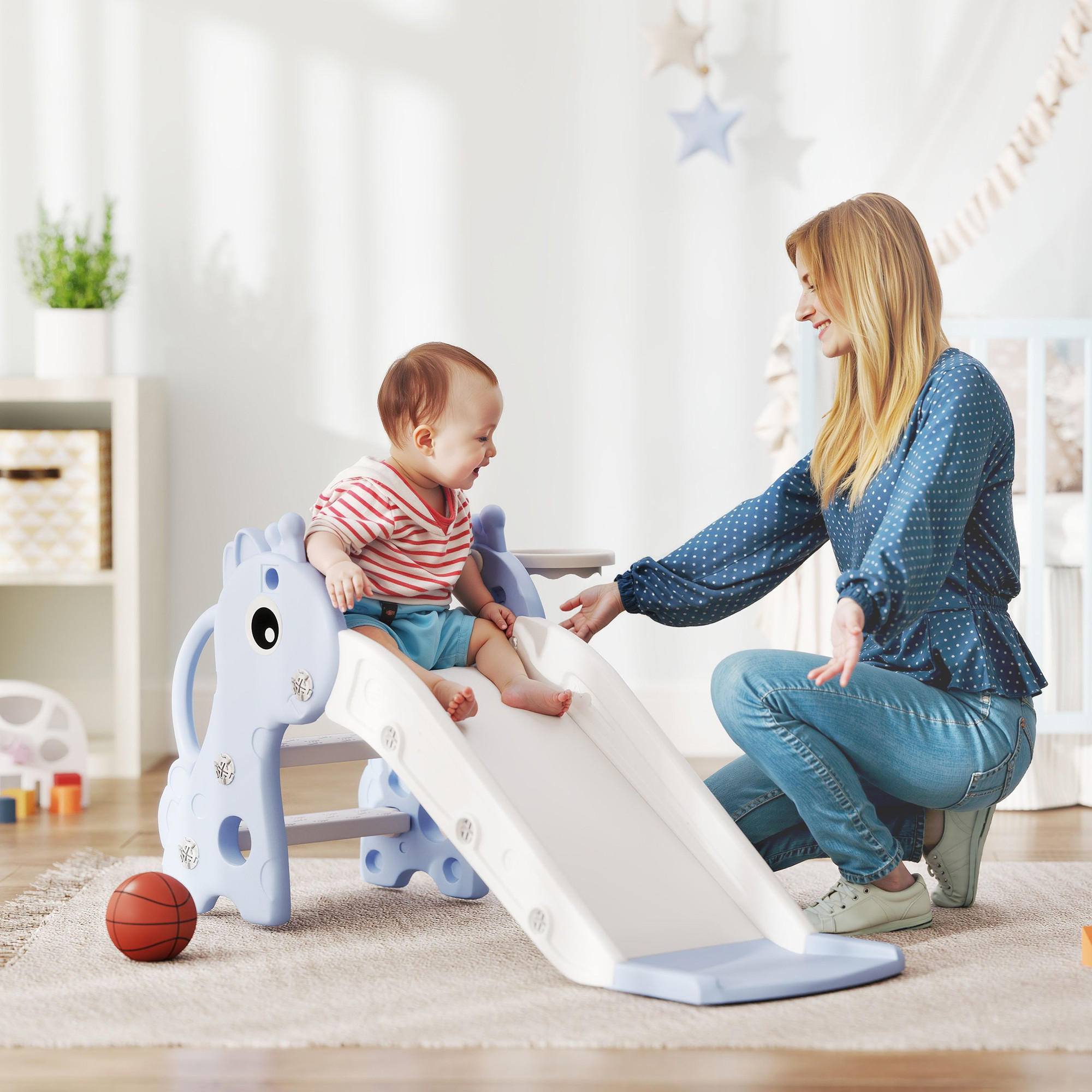 KINDERRUTSCHE, 3 in 1, Kleinkinderrutsche mit Basketballkorb, Basketball, Blau - Blau, Kunststoff (51.5/52/106cm) - AIYAPLAY