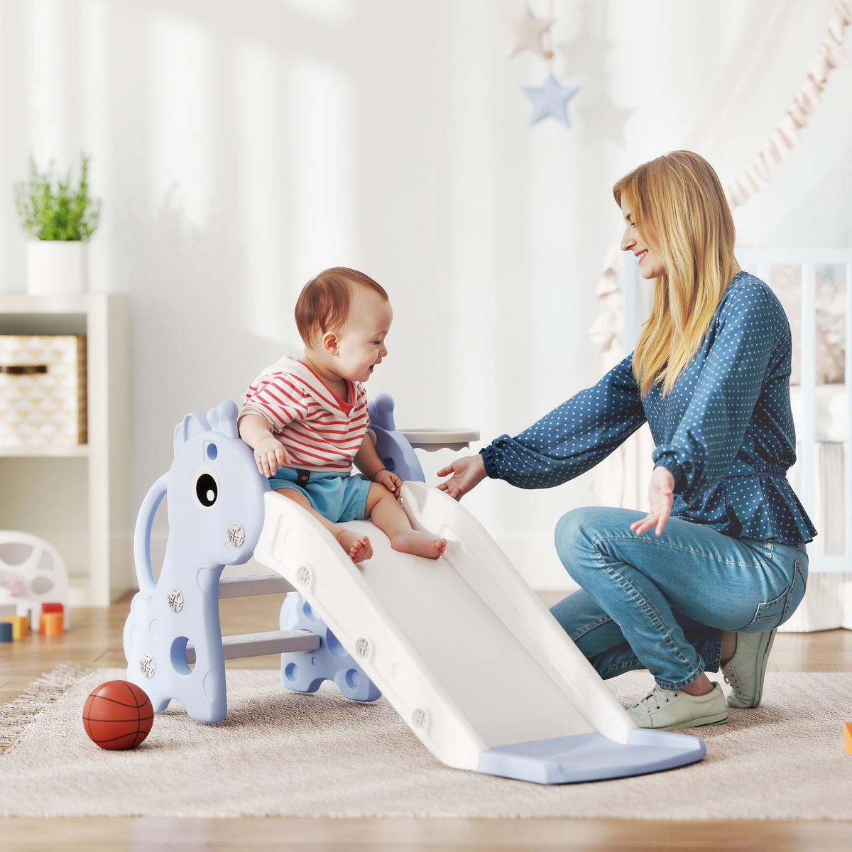 KINDERRUTSCHE, 3 in 1, Kleinkinderrutsche mit Basketballkorb, Basketball, Blau - Blau, Kunststoff (51.5/52/106cm) - AIYAPLAY