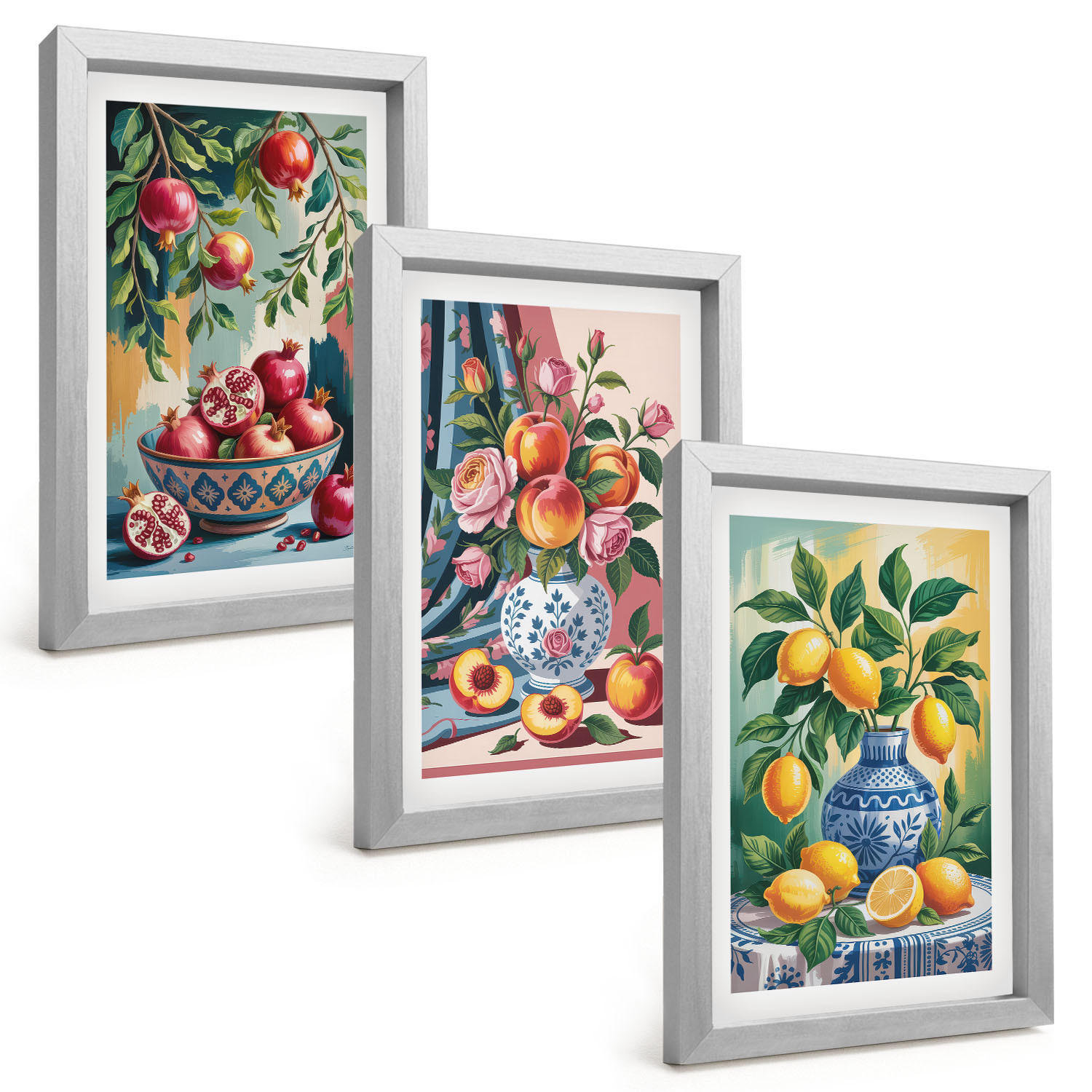BILDER SET 3er Set - 20x30 cm Silberner Rahmen - Blumen und Früchte in Vasen - Silberfarben, Kunststoff (20/30cm) - TULUP