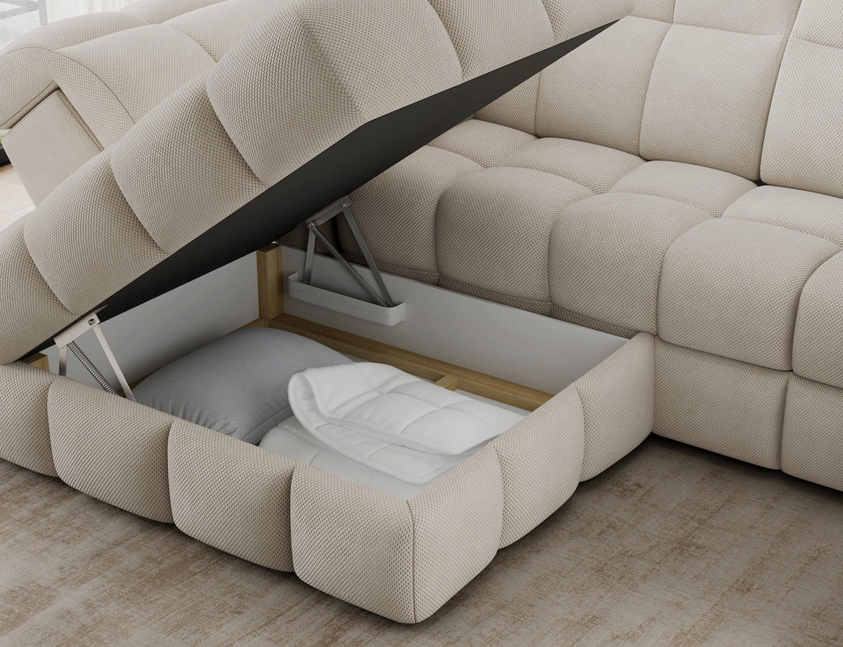 ECKSOFA Bronon mit Schlaffunktion und Bettkasten – Modernes Design, verstellbare Kopfstützen und verschiebbare Rückenlehnen - Beige, Kunststoff (296/109cm) - Wohnideebilder