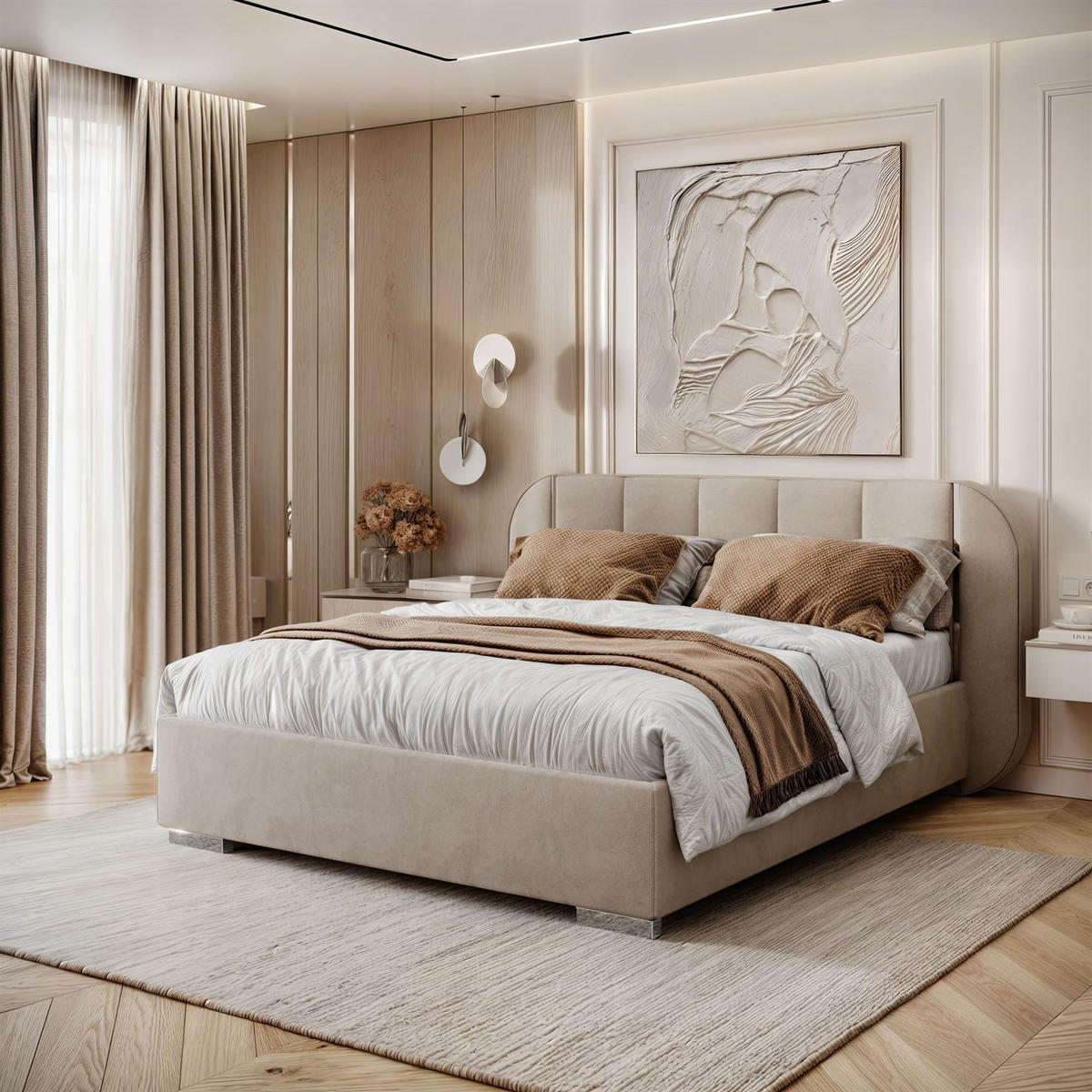 BETT AMARA SILVER 160x200 gepolstert mit Stauraum und Lattenrost, Royal Velvet 180 - Taupe, Textil - Lookway