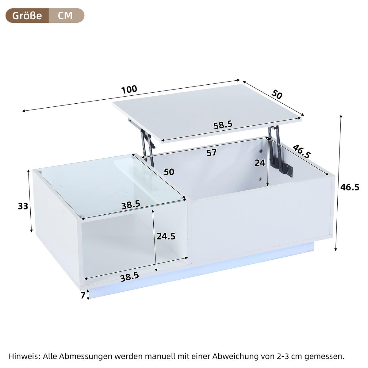 COUCHTISCH Hubtisch 100/50 cm LED 60000 Farben Stauraum Glas Hochglanz Spanplatte modern Wohnzimmer - Weiß, Holzwerkstoff (100/50/33cm) - EVRYAE