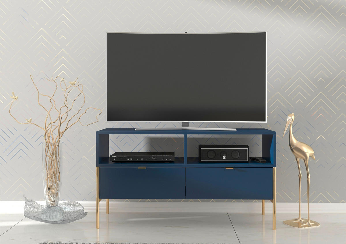 LOWBOARD Polka, Marineblau, Goldene Details - Goldfarben/Dunkelblau, Holzwerkstoff/Metall (120/65/37cm) - Skandica