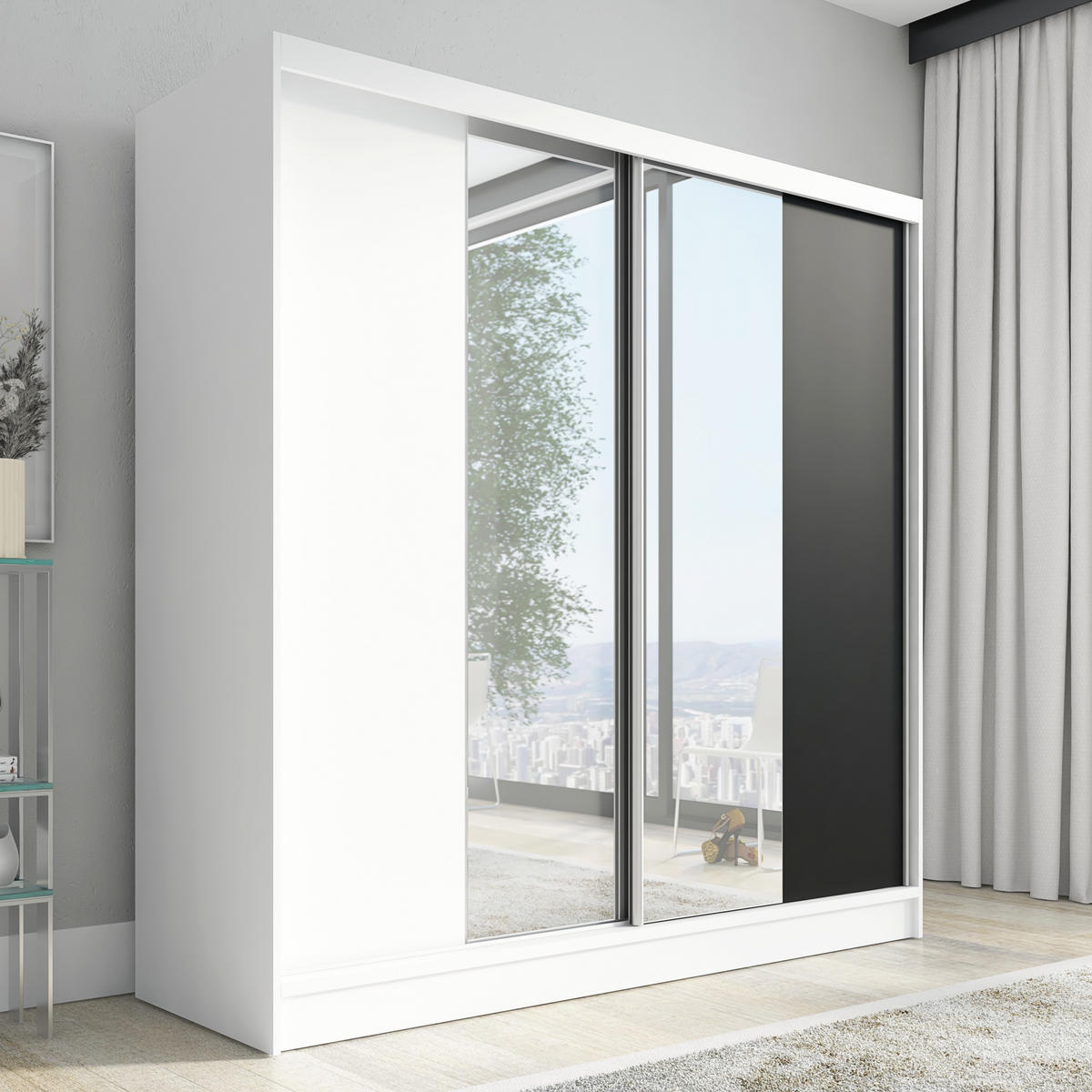 SCHWEBETÜRENSCHRANK 200 CM DUO Farbe: Weiß |weiß|schwarz - Schwarz/Weiß, Holzwerkstoff (200/215/60cm) - A&J MöbelLand