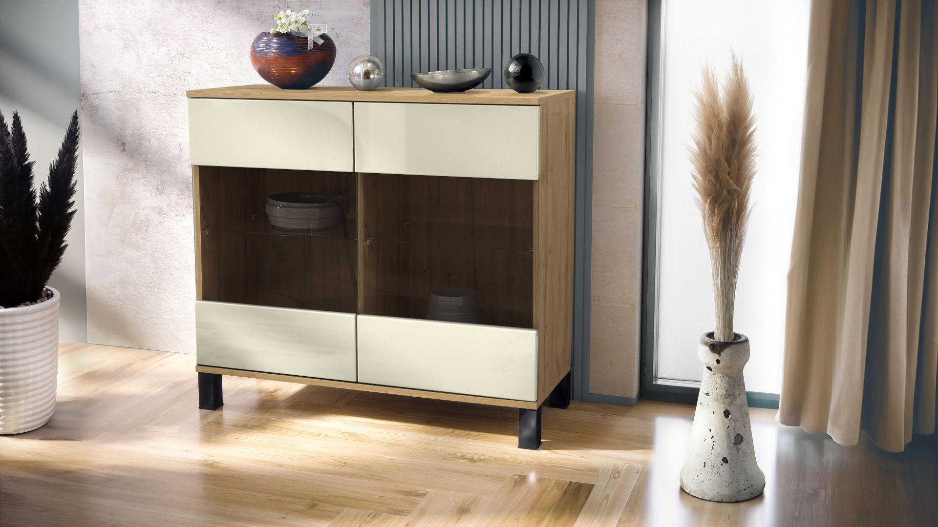 KOMMODE Bari Creme Hochglanz - Creme, Holzwerkstoff (92.5/84.5/35cm) - Vladon