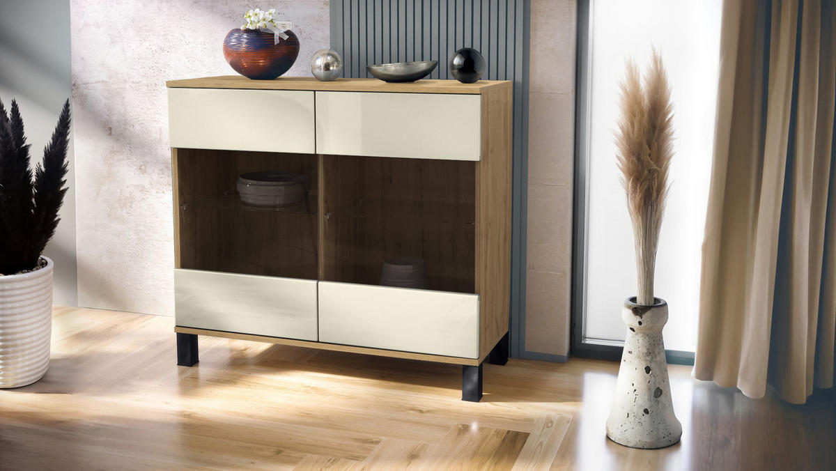 KOMMODE Bari Creme Hochglanz - Creme, Holzwerkstoff (92.5/84.5/35cm) - Vladon