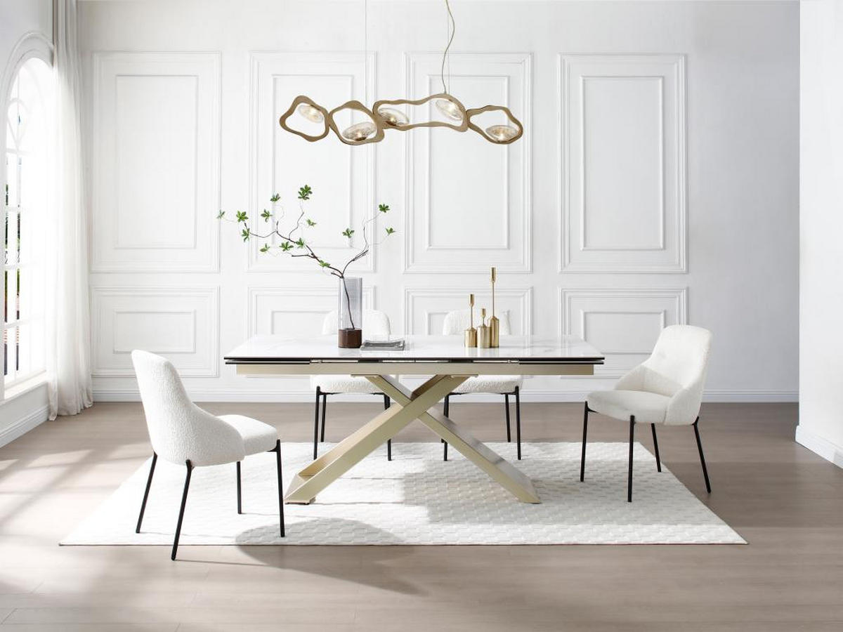 ESSTISCH für 6 bis 10 Personen ausziehbar - Keramik, Sicherheitsglas & Metall - Marmor-Optik Weiß & Goldfarben - XERENA - Weiß, Glas (260/90/76cm) - Vente-Unique